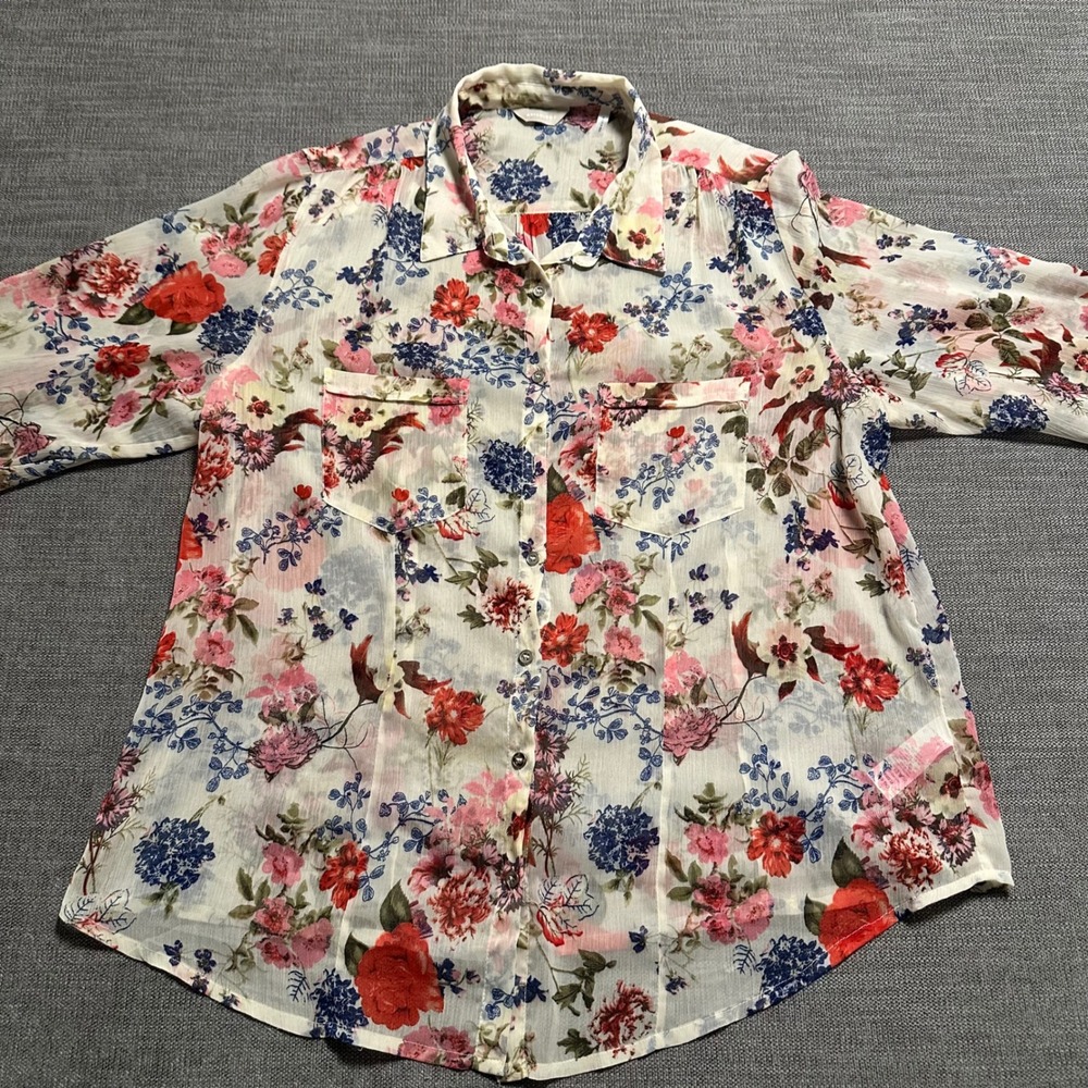 Anthology Floral Blouse Women 18 Cream Red Blue  Sheer Button Up
